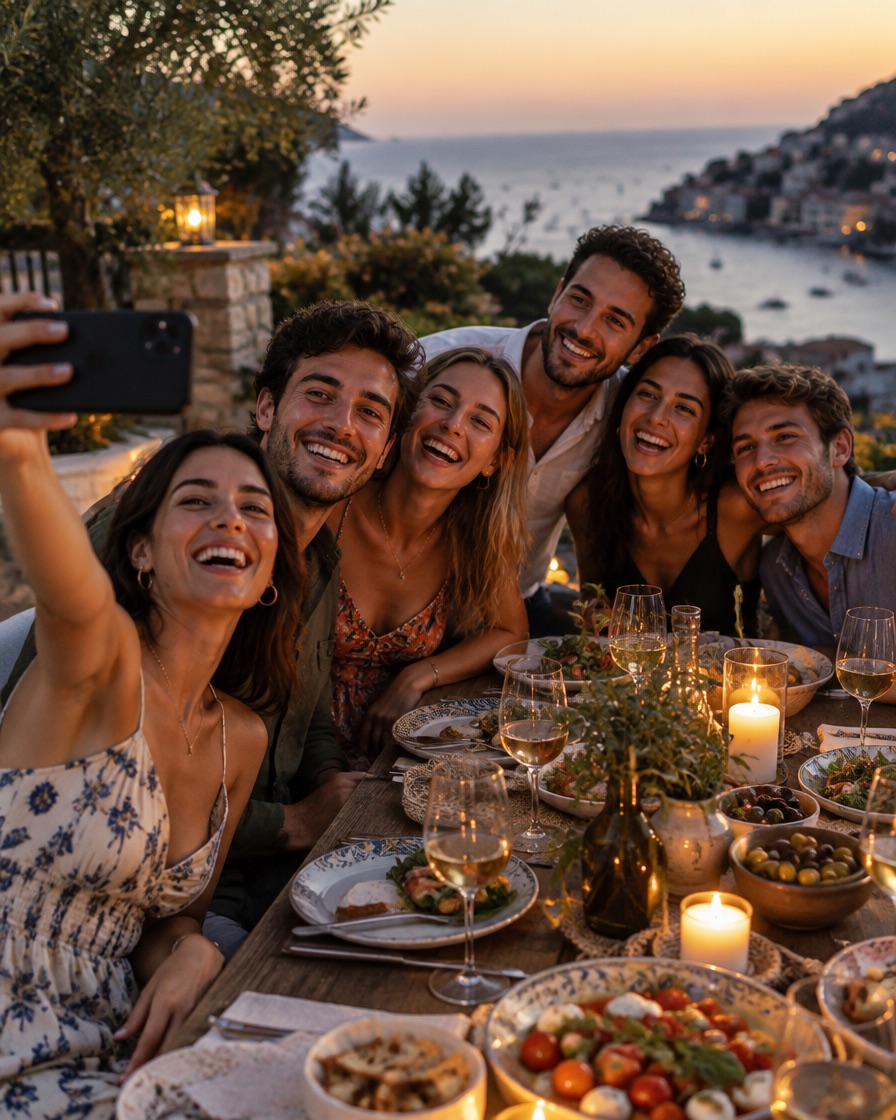 Un grupo de amigos se hace una foto en una cena de verano